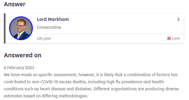 Reply from Lord Markhan on excess deaths