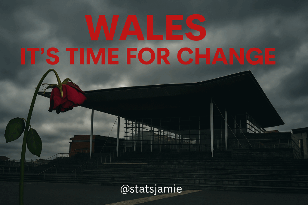 The Welsh Senedd building under a dark cloudy sky, with a wilted red rose in the foreground and bold red text reading 'Wales – It’s Time for Change'. @statsjamie watermark at the bottom.