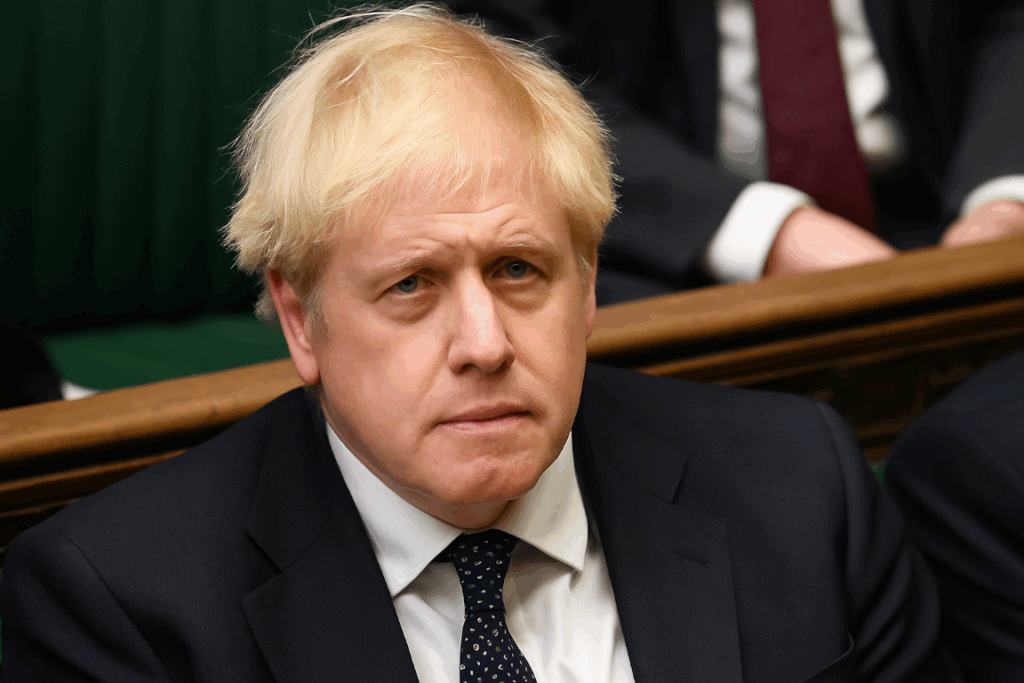 Boris Johnson sitting in the House of Commons with a serious expression, wearing a navy suit and polka-dot tie