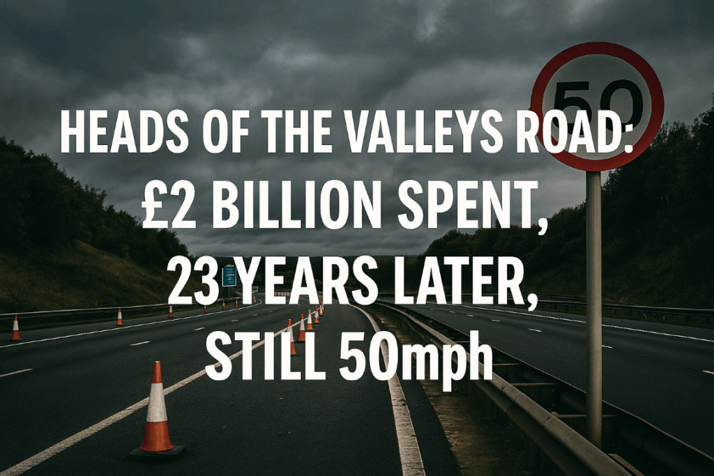 A UK dual carriageway under dark stormy skies with a 50mph speed limit sign and traffic cones along the road. Overlaid text reads: ‘Heads of the Valleys Road: £2 Billion Spent, 23 Years Later, Still 50mph’ highlighting delays and controversy around the A465 upgrade.