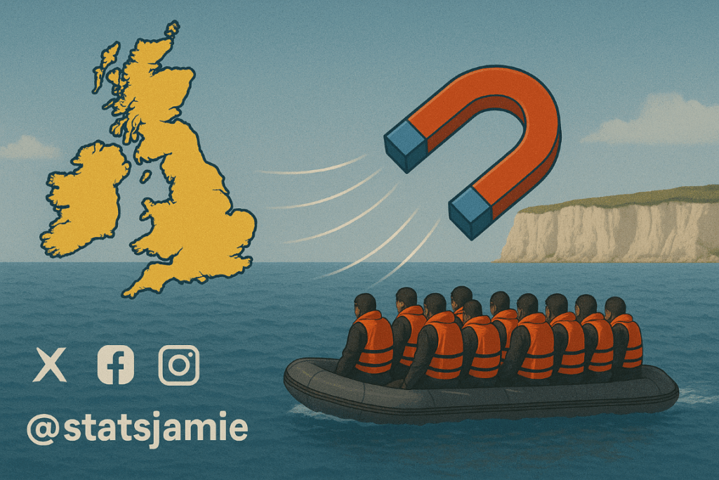 Small boat crossing the English Channel toward the UK.
